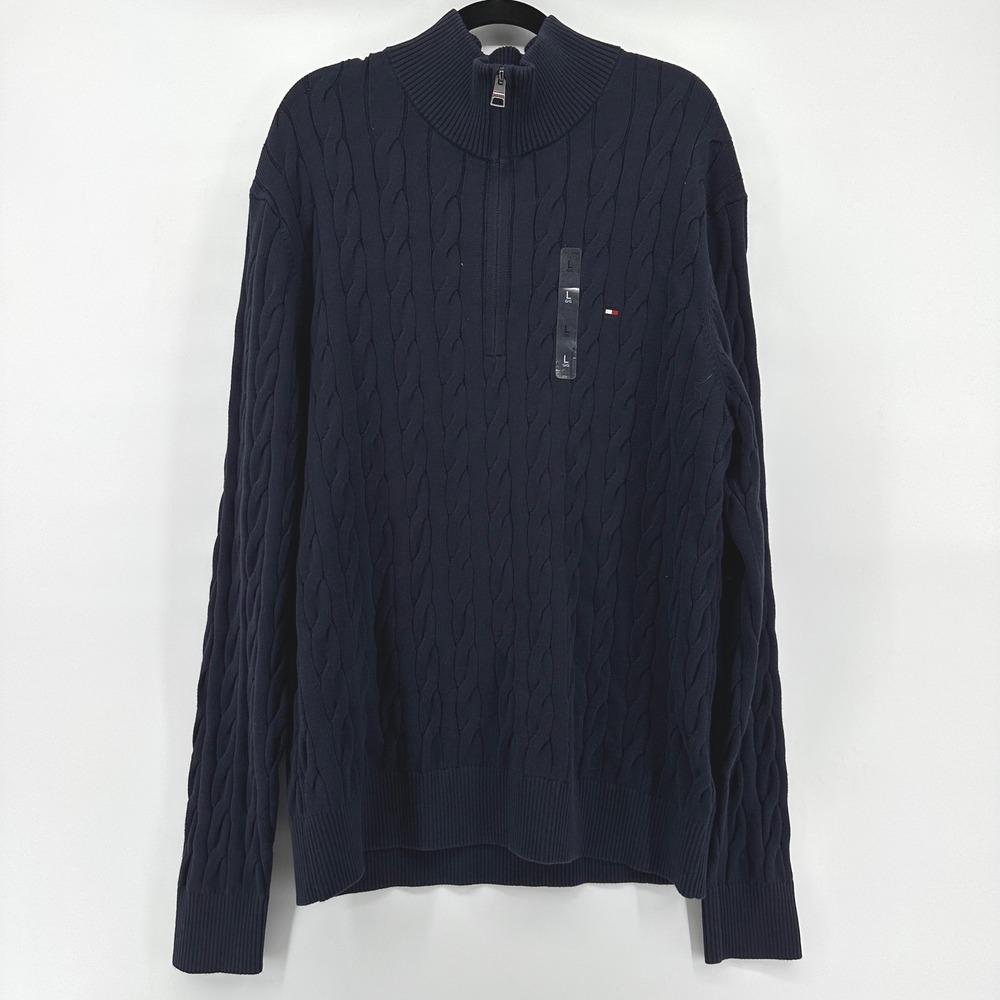 Tommy Hilfiger Mens Navy Blue Cable Knit Quarter Zip Sweater MW36532 400 DW5 L